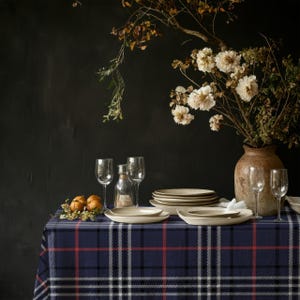 May include: A navy blue tablecloth with a red, white, and black plaid pattern. The table is set with a stack of cream-colored ceramic plates, two shallow bowls, four clear glass wine glasses, a glass carafe, and a rustic brown ceramic vase.