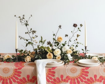 Orange Pink Retro Floral Tablecloth, Mid Century Geometric Dining Table Cover, Colorful Boho Kitchen Decor, Vintage Table Cloth