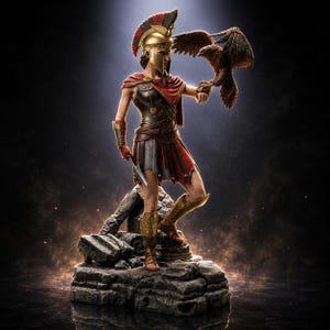 May include: A detailed figurine of a warrior wearing a gold Corinthian helmet with a red crest, dark armor, and a red cape. The figure holds a spear in one hand and a brown eagle perched on the other, standing on a rocky base with stone ruins.