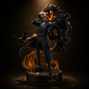 May include: A detailed collectible figurine featuring a character in a blue coat and glasses standing before a dark, shadowy entity with glowing orange eyes. The base is inscribed with the text DOCTOR RIPLEY and LADY BRIARWOOD in capital letters.