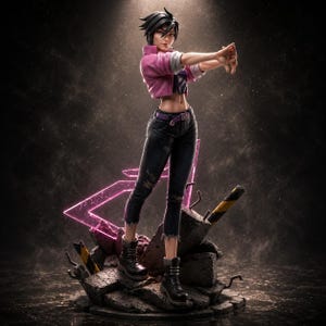 Peut inclure: Une figurine de collection détaillée représentant un personnage aux cheveux noirs courts, portant une veste rose courte, un jean sombre déchiré et des bottes de combat noires. La figurine repose sur un socle de décombres avec un néon rose triangulaire.