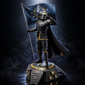 Puede incluir: Una figura coleccionable de un soldado con armadura táctica negra y amarilla con casco, saludando mientras sostiene una gran bandera azul con un emblema de globo terráqueo y estrellas blancas. La figura se apoya sobre una base hexagonal metálica.