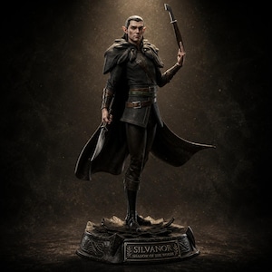 May include: A detailed figurine of an elf character named Silvanor, Shadow of the Woods, standing on a circular base. The figure wears a dark cloak, tunic, and leather belts, holding a curved blade in each hand with pointed ears and dark hair.