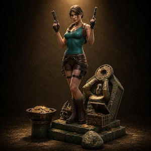 Könnte beinhalten: Eine Lara Croft Sammlerfigur, die den Charakter in einem türkisfarbenen Tanktop und braunen Shorts mit zwei Pistolen zeigt. Die Figur steht auf einem Steinsockel mit einer Schatztruhe, einem Totenkopf, einer Schale mit Goldmünzen und einem Denkmal.