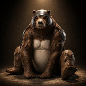 Peut inclure: Une figurine d'ours brun avec une poitrine de couleur crème, portant un casque en métal argenté et des plaques d'armure d'épaule assorties. L'ours est en position assise avec ses pattes avant posées au sol, présentant une texture de fourrure détaillée.