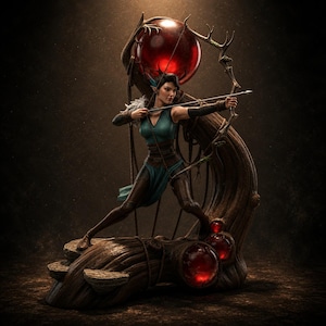 May include: A detailed figurine of an archer with pointed ears, wearing a teal tunic and brown leggings, aiming a bow. The archer stands on a textured wooden base featuring three glowing red spheres, with a large red orb suspended above.
