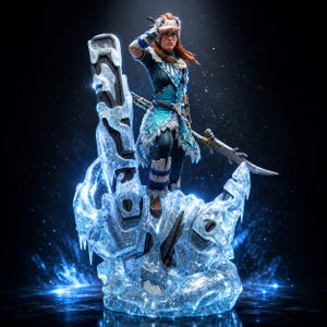 May include: A detailed figurine of a female warrior with red hair, wearing a blue and white patterned tunic with fur trim, standing atop a translucent, jagged ice formation. The figure holds a long spear and wears a white headpiece with blue accents.