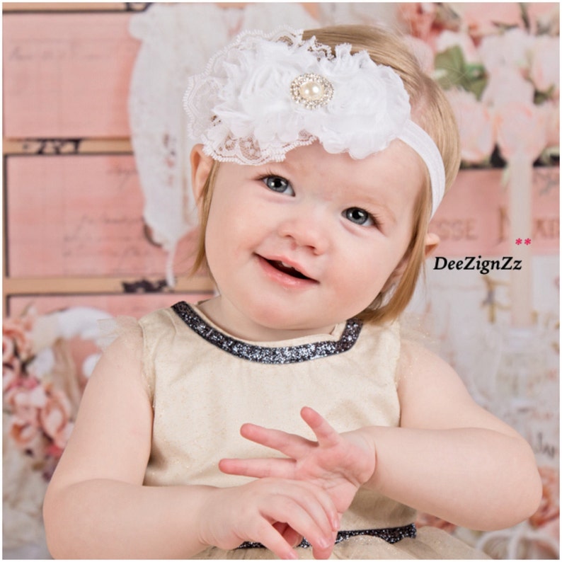 Baby Girl Off White Christening Headband Baptism Wedding Pearl Flower Hairband