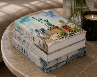 New York, London, Paris Decorative Books | Watercolor Cityscape Faux Designer Stack