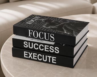 Motivational Decorative Books, Success Focus Execute Books: Modern Faux Book Decor, Office Shelf Styling, Coffee Table Books