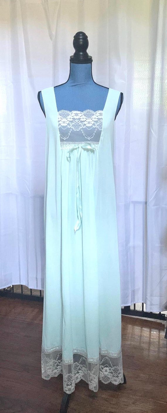 Vintage 1970s Nylon Aqua Lace Nightgown Empire Waist Romantic Cottagecore Retro Lingerie Bridal Nightgown