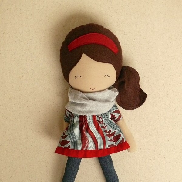Fabric Doll Rag Doll 20 Inch Brown Haired Girl in Blue and Red Floral Dress with Denim Leggings and Suede Boots