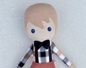 Fabric Doll Boy in Suspenders and Bow Tie Doll