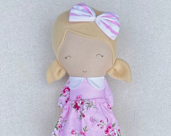 Handmade Fabric Doll in Pink Floral Dress