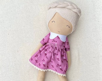 Fabric Doll in Pink and Red Patterned Dress