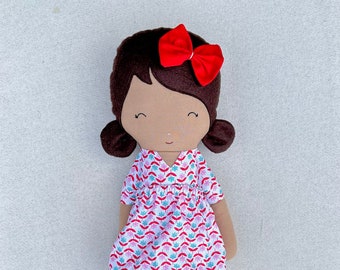 Fabric Doll in Pink and Red Patterned Dress