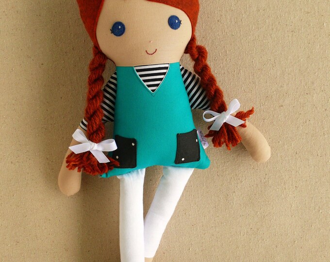 Fabric Doll Rag Doll Red Haired Girl With Braids in Green Blue Jumper