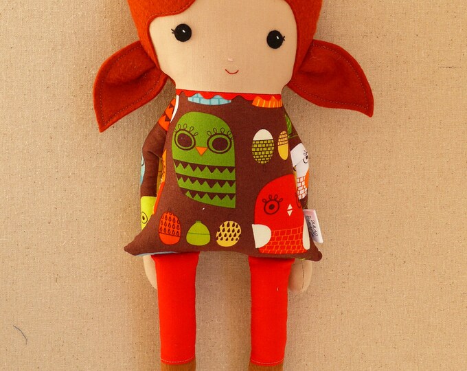 Fabric Doll Rag Doll Red Haired Girl in Owl Print Dress Etsy