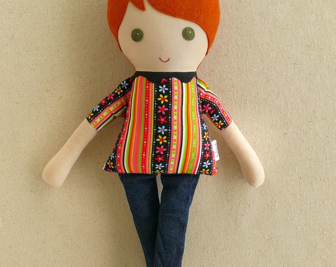 Fabric Doll Rag Doll Red Haired Girl in Colorful Floral Shirt and
