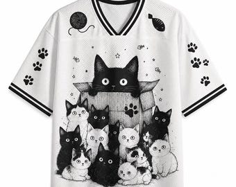 Cute Black & White Cats Football Jersey | Funny Kitten Lover Sports Shirt | Kawaii Cat Graphic Mesh Jersey | Custom Number 44 Unisex Gift