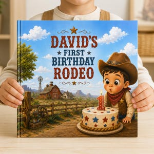 Peut inclure: Un livre à couverture rigide intitulé David's First Birthday Rodeo montrant un enfant en chapeau de cow-boy soufflant une bougie sur un gâteau décoré d'étoiles rouges et bleues. Le décor inclut une grange, une clôture et un moulin à vent.