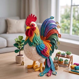 May include: A large, multi-coloured crochet rooster figurine featuring a bright red comb and wattle, a yellow beak, and a body with white, green, blue, and orange feathers. The tail feathers are long and vibrant, accented with small gold beads.