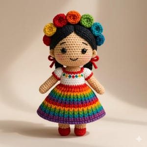 Mexican Folklorica Doll Crochet Pattern, Rainbow Dress Amigurumi Toy (PDF Download)
