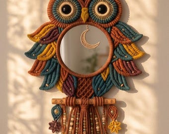May include: A macrame owl wall hanging featuring a circular mirror at its center. The owl is crafted from brown, teal, yellow, and purple cord with a crescent moon charm hanging inside the mirror. It includes wooden beads and a wooden perch.
