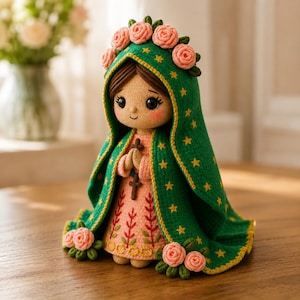 Puede incluir: Una muñeca artesanal que representa una figura con cabello castaño, vistiendo un vestido color melocotón con patrones florales bordados y una capa verde con capucha adornada con estrellas amarillas. Tiene rosas rosas en la cabeza y la base.