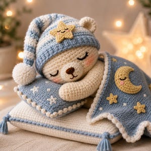 May include: A crocheted cream-colored bear sleeping on a cream pillow, wearing a blue and white striped nightcap with a yellow star. The bear is covered by a blue blanket featuring a yellow crescent moon and small yellow stars, with tassels.