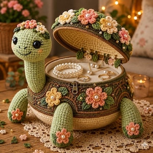 Peut inclure: Une boîte à bijoux en crochet en forme de tortue avec un couvercle articulé. La tortue est vert clair avec un visage souriant et des fleurs. L'intérieur contient un bracelet de perles, deux bagues dorées et un collier doré à perles.