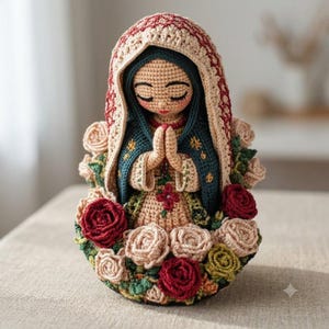 May include: A crocheted figurine of a figure with closed eyes and hands in a prayer position. The figure wears a dark teal cloak with gold accents and a beige head covering with red patterns, surrounded by a cluster of crocheted red and beige roses.