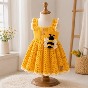 May include: A bright yellow sleeveless dress featuring a textured knit bodice with two small wooden buttons, ruffled shoulder straps, and a flared skirt with a white crocheted hem. A large, three-dimensional crocheted bee applique is attached.