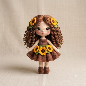 Gehaakt poppatroon, amigurumi-zonnebloemmeisje, zelfstudie krullend haar (pdf-download)