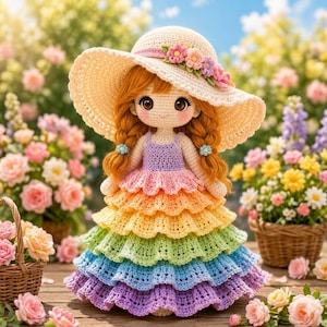 May include: A crocheted doll with ginger hair in braids, wearing a wide-brimmed cream hat adorned with small pink, purple, and yellow flowers. The doll features a multi-layered, ruffled dress in a rainbow gradient of purple, pink, yellow, and green.