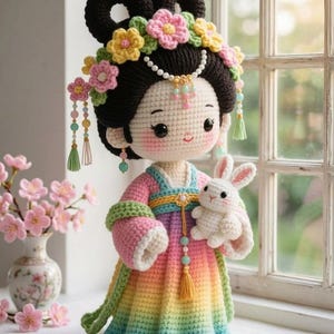 Wzór na szydełkową lalkę księżniczki Hanbok, samouczek wykonania koreańskiej lalki amigurumi w kolorze tęczy (pobierz plik PDF)