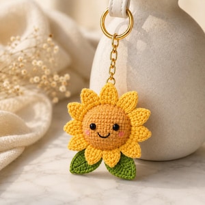 Pode incluir: Um porta-chaves de girassol em croché com um centro redondo bege, olhos de missangas pretas, um sorriso bordado e bochechas cor-de-rosa. A flor tem pétalas amarelas brilhantes e duas folhas verdes na base, presa a uma corrente dourada.