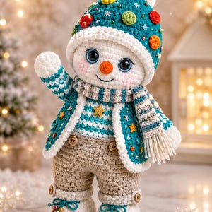Könnte beinhalten: Eine gehäkelte Schneemann-Puppe mit einer türkisfarbenen Mütze mit bunten Bommeln, einem gestreiften Schal, einer türkisfarbenen Weste mit Sternen und einer beigen Hose. Der Schneemann hat eine orangefarbene Karottennase, große Augen und weiße Schuhe.