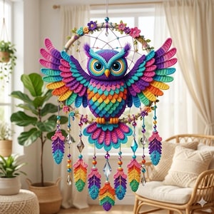 Rainbow Owl Dreamcatcher Crochet Pattern (PDF), Boho Amigurumi Wall Hanging