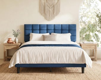 Upholstered Platform Bed Frame Queen Full Size, Linen Bed with Adjustable Tufted Headboard, Wood Slat Modern Bed Frame
