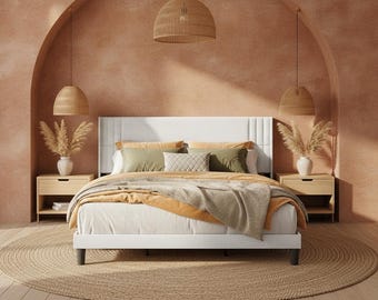Upholstered Bed Frame with Wingback Headboard, Linen Platform Bed Frame, Queen King Full Bed, Wood Slat Support, Modern Bed Frame