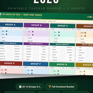 May include: A digital FIFA World Cup 2026 printable tracker bundle featuring two sheets. The design includes tables for groups A through H, match results, and a knockout bracket. The layout displays team names, points, and match schedules in a grid.