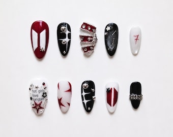 Burgundy Star Press On Nails, Handmade Almond Fake Nails | Cat Eye, Constellation, Silver Stars & Studs | Kpop BTS Concert Nail Art