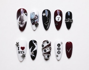 Celestial Kpop Press On Nails, Handmade Almond Fake Nails | Burgundy Cat Eye, Silver Stars, Chains & Studs | BTS Concert Nail Art