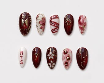 Kpop Concert Press On Nails, Handmade Almond Fake Nails | Burgundy Cat Eye, Gold Wire Floral & Bling | Red Gold Fan Nail Art