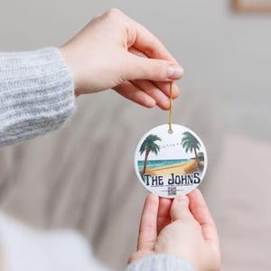 Personalized Beach Scene Ceramic Ornament with QR Code – Coastal Family Vacation Keepsake