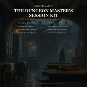 Op de afbeelding: De Emberwatch The Dungeon Master's Session Kit bevat 31 pagina's met 12 kamers, tabellen, trackers en werkbladen. Inclusief een invulbaar sessie-voorbereidingsblad, NPC-register, factie- en relatietracker, tussen-sessie werkblad en conditie-referentielijst.