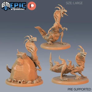 May include: Three tan-colored fantasy creature miniatures in different poses. One stands on a rock with a chest, one stands upright with an open mouth, and one is in a low crouch. Each figure features a long neck, horns, and a tail. Text reads SIZE: LARGE.