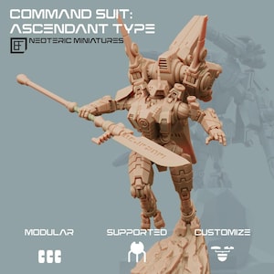 May include: A tan-colored miniature robot figure titled Command Suit: Ascendant Type by Neoteric Miniatures. The figure features a mechanical design with a large backpack, a long bladed polearm weapon, and intricate armor plating, standing on a rocky base.