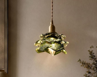 Green Tiffany Pendant Ceiling Light – Handmade Vintage Stained Glass Bedroom Wall Lighting, Light Shade